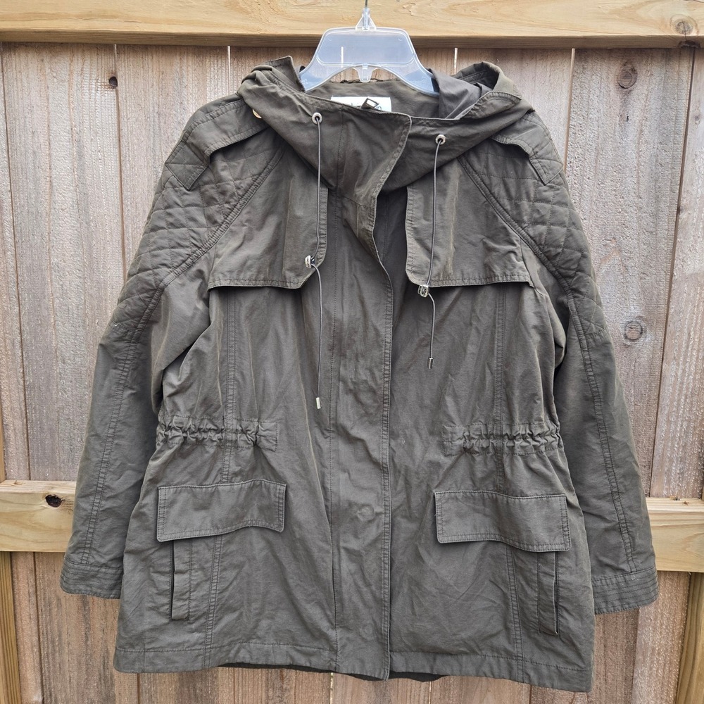 Calvin Klein Womens Olive Green Utility Anorak Hooded Jacket Quilted Shoulder L